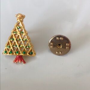 Gold Christmas Tree Brooch with Green Accents